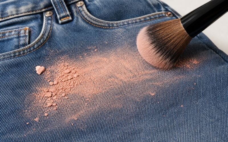 Powder makeup stain on jeans being removed
