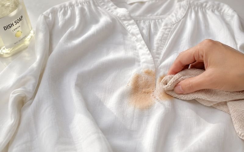 Woman removing makeup stain from white cotton blouse using dish soap