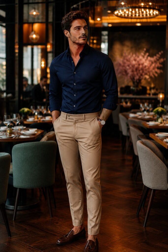 men smart casual outfit navy shirt chinos loafers restaurant dress code
