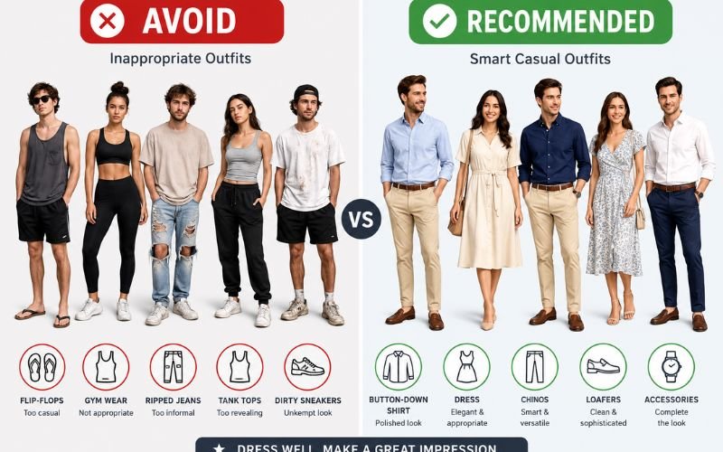 comparison of inappropriate vs appropriate outfits for restaurant dress code
