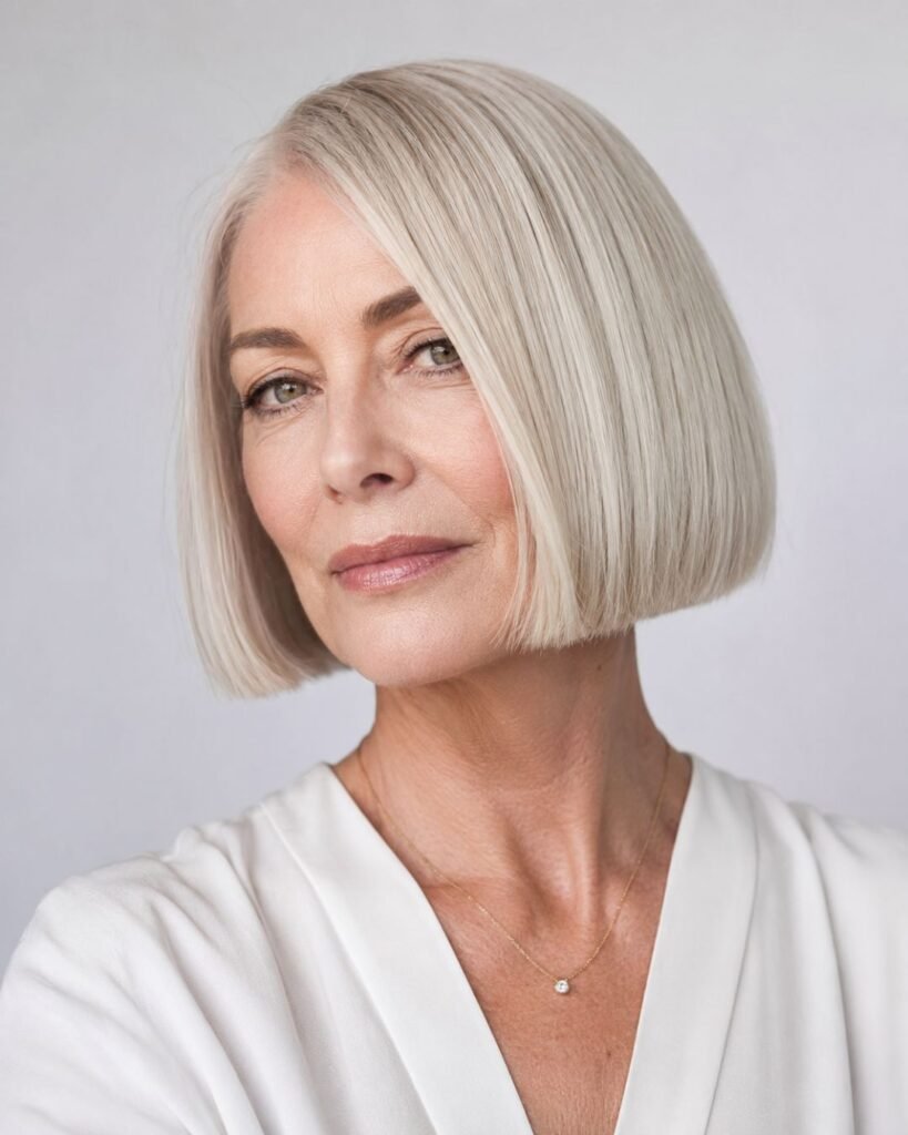 Lightweight blunt bob with clean edges on a woman over 60 with fine silver-blonde hair looking fuller
