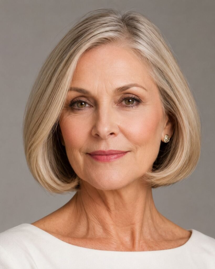 Classic chin-length bob on a 60-year-old woman with fine silver hair making hair look thicker