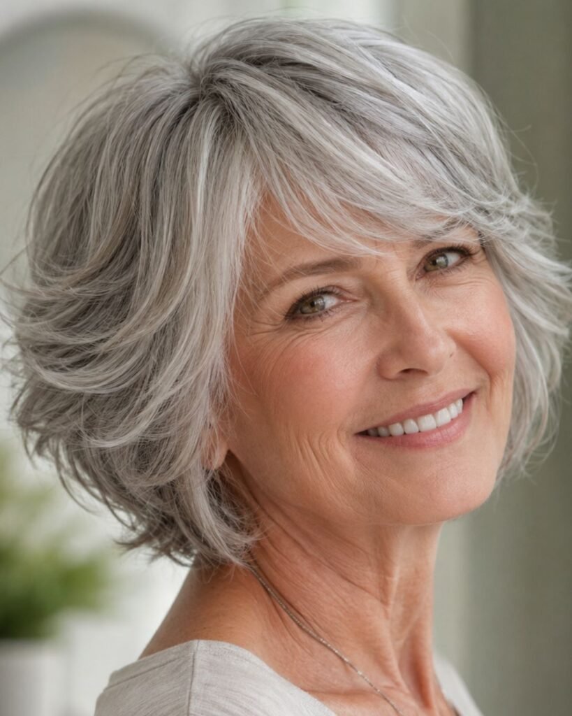 Feathered bob with soft layered movement on a woman over 60 with fine gray hair