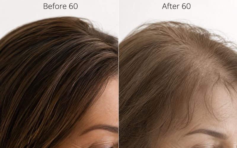Side by side comparison showing fine hair thinning in women after 60 due to hormonal changes