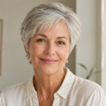 Confident woman in her 60s with short fine silver hair showing a low maintenance hairstyle