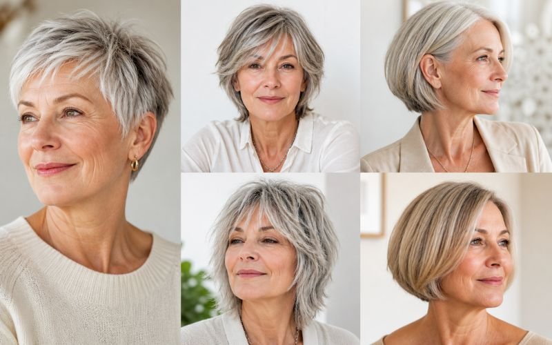 Low maintenance hairstyles for 60-year-old women with fine hair collage
