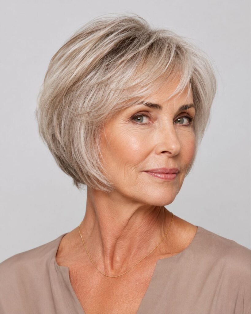 Short layered bob haircut for a 60-year-old woman with fine silver hair showing crown volume and lift