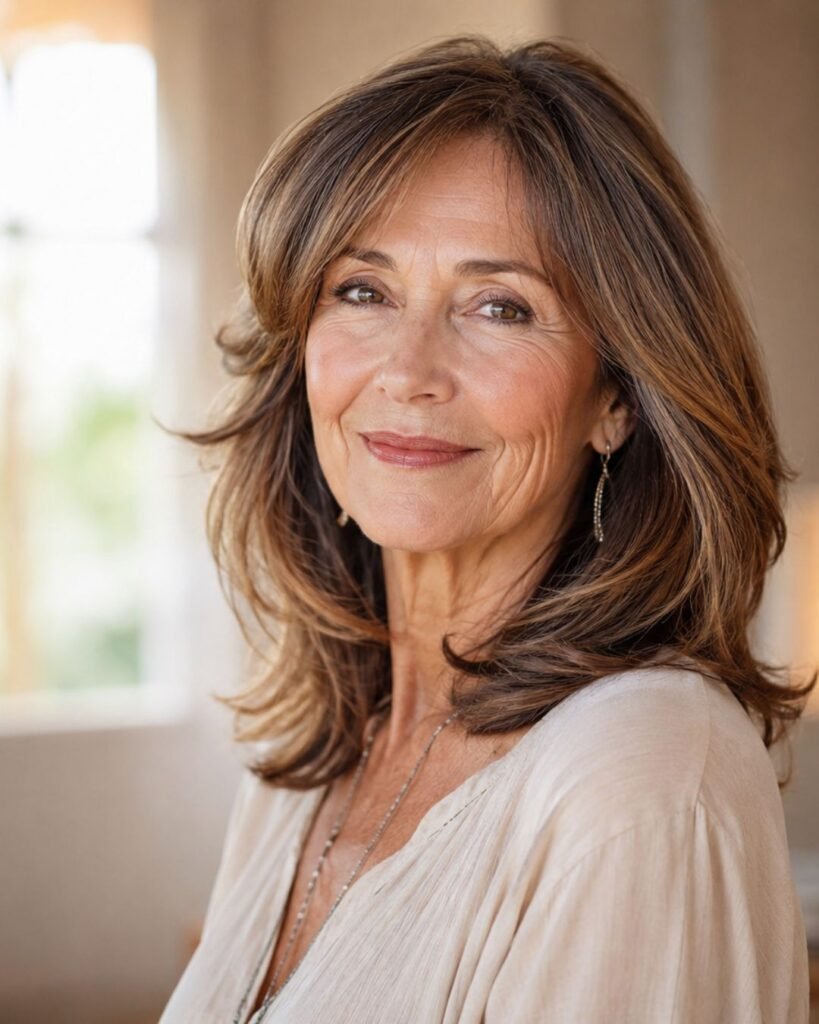 Shoulder-length layered hairstyle on a woman over 60 with fine silver hair showing natural movement and body