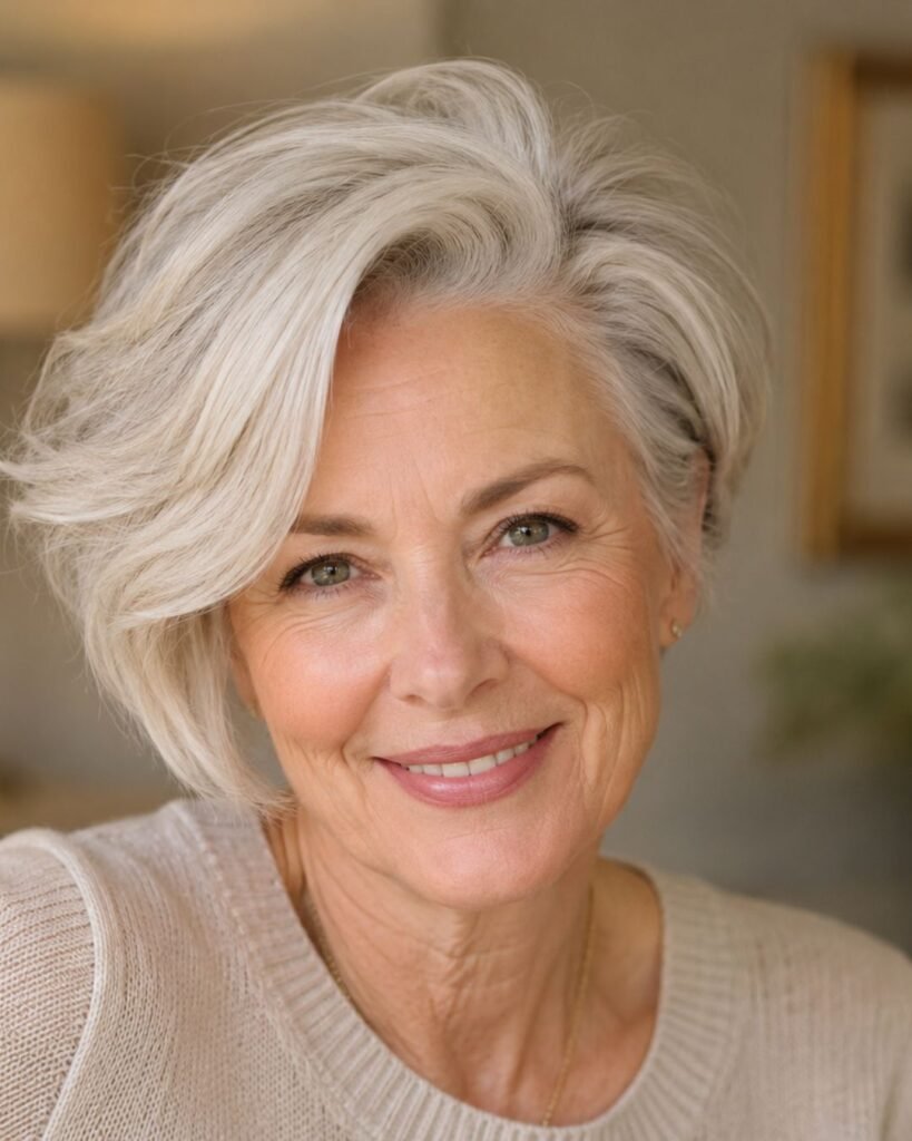 Side-parted short hairstyle creating root lift and volume for a woman over 60 with fine silver hair