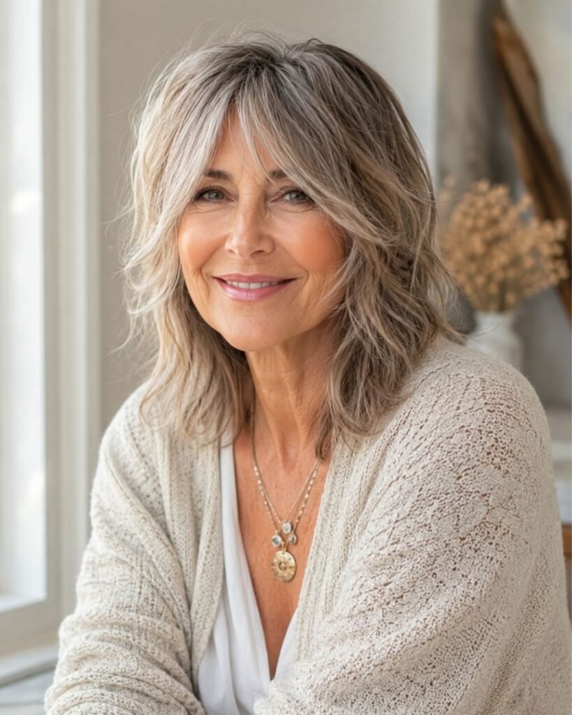 Soft shag hairstyle with curtain bangs on a woman over 60 with fine silver-brown hair