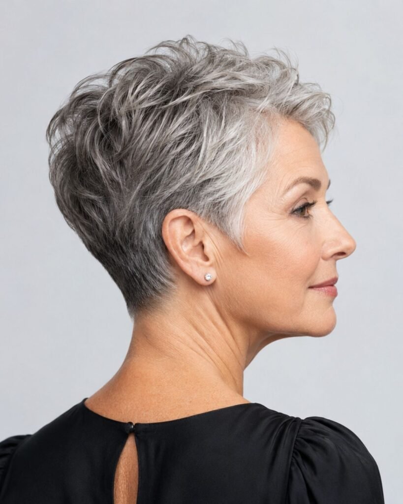 Short tapered haircut on a woman over 60 with fine salt-and-pepper hair showing crown volume