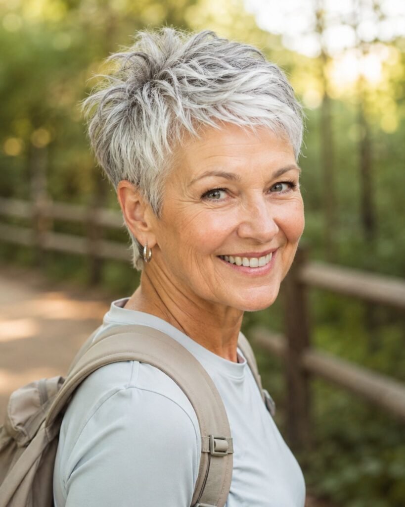 Textured crop hairstyle on an active woman over 60 with fine gray hair styled naturally with no effort