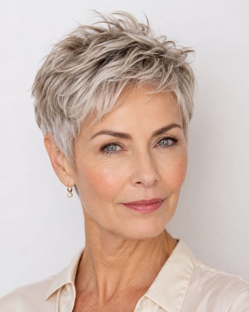 Textured pixie cut hairstyle for a woman over 60 with fine silver hair showing volume and dimension