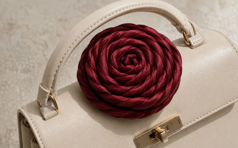 Deep burgundy red silk scarf twisted into a rosette flower shape on a cream structured handbag handle