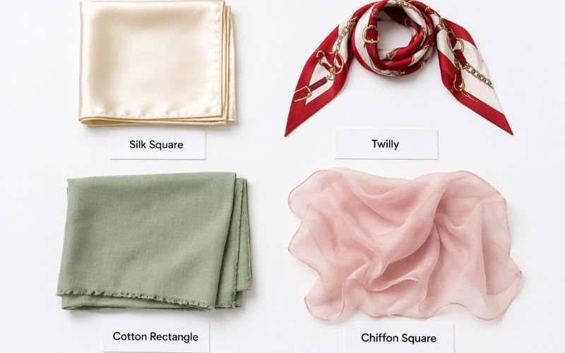 Flat lay comparison of four scarf types for bag styling: silk square, twilly, cotton rectangle, and chiffon square on white background