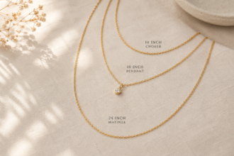 three layered gold necklaces of different lengths flat lay