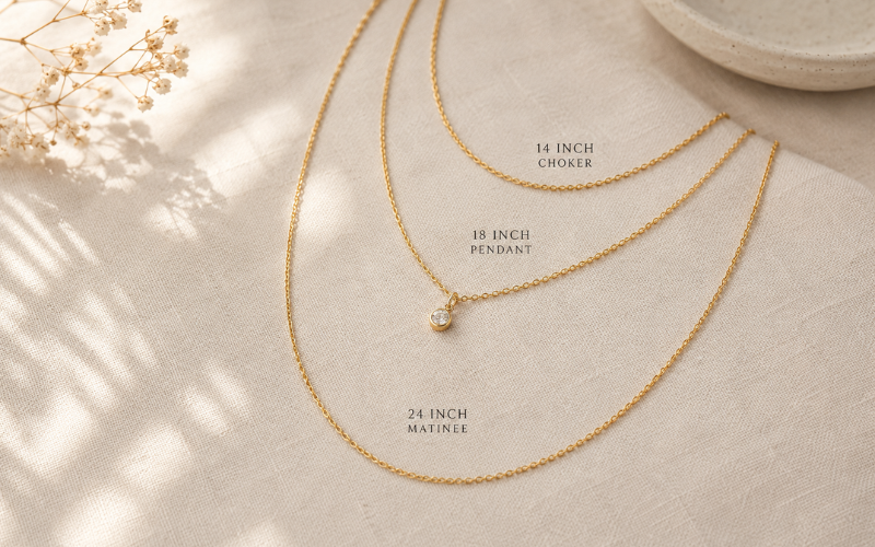 three layered gold necklaces of different lengths flat lay