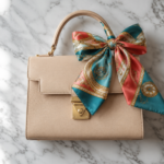 Colorful silk scarf tied in a neat bow on a beige structured handbag handle, flat lay on white marble