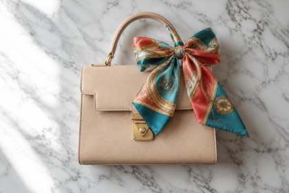 Colorful silk scarf tied in a neat bow on a beige structured handbag handle, flat lay on white marble