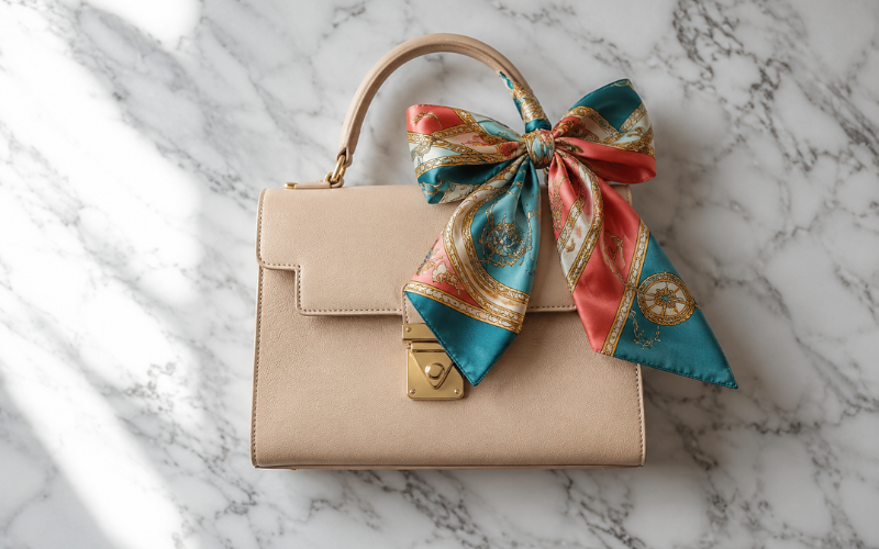 Colorful silk scarf tied in a neat bow on a beige structured handbag handle, flat lay on white marble