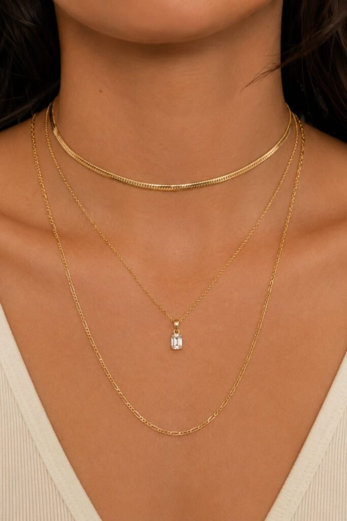 woman wearing choker princess and matinee length necklaces layered