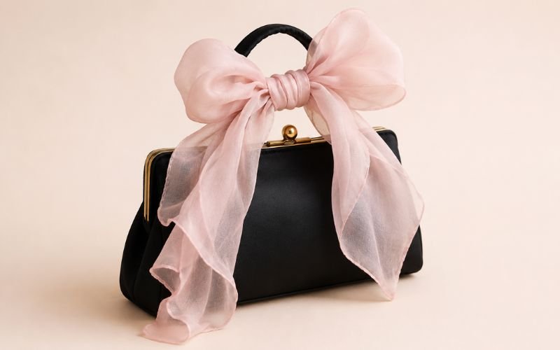 Blush pink chiffon scarf tied in a large decorative bow on a small black satin clutch bag handle