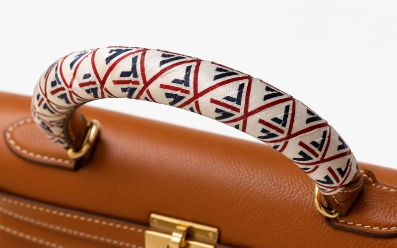 Ivory and red patterned silk twilly scarf wrapped neatly around a cognac leather structured handbag handle