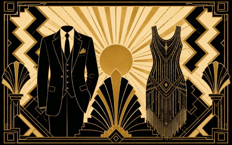 Art Deco geometric pattern design behind silhouettes of a suit jacket and flapper dress