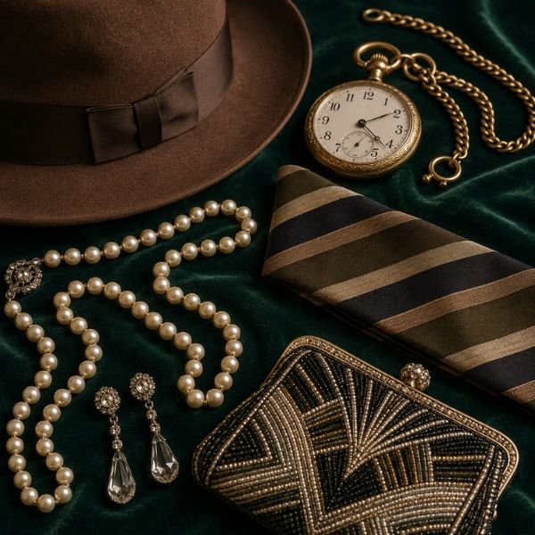 Vintage 1920s accessories including fedora, pearls, pocket watch, and beaded clutch