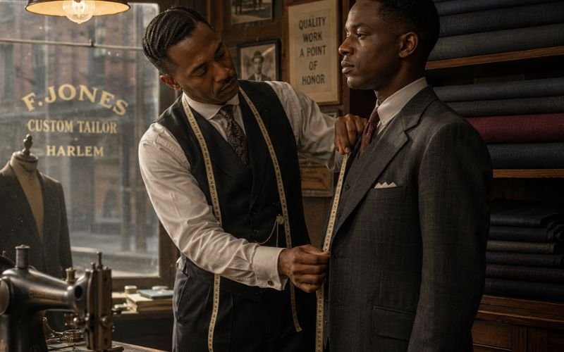 Black tailor fitting a customer for a three-piece suit in a 1920s Harlem tailor shop