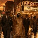 Harlem Renaissance fashion street scene with 1920s men and women in tailored suits and flapper dresses