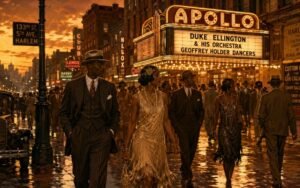 Harlem Renaissance fashion street scene with 1920s men and women in tailored suits and flapper dresses