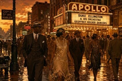 Harlem Renaissance fashion street scene with 1920s men and women in tailored suits and flapper dresses