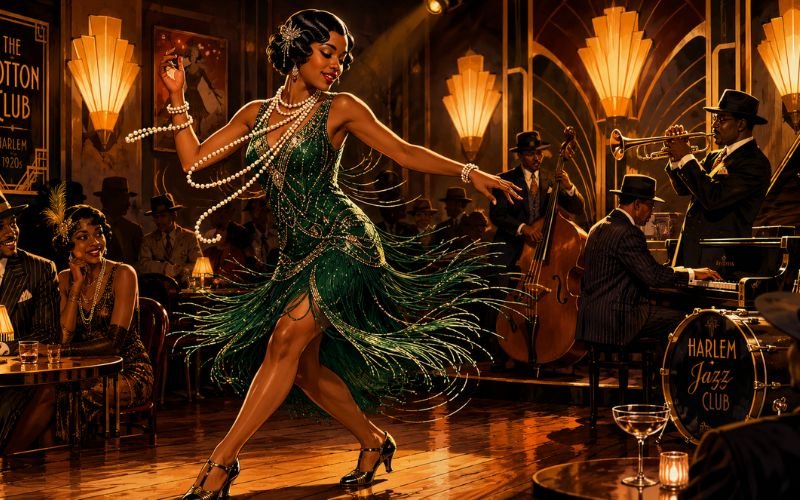 Woman dancing in a beaded emerald flapper dress with pearls, Harlem Renaissance fashion