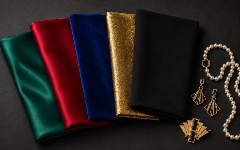 Flat-lay of jewel-toned fabric swatches and Art Deco jewelry representing Harlem Renaissance colors
