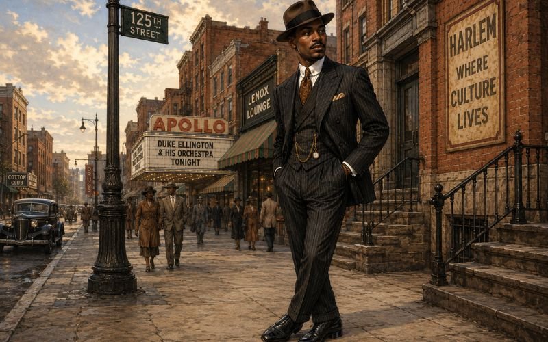 Man wearing a double-breasted pinstripe suit, fedora, and pocket watch in Harlem Renaissance style