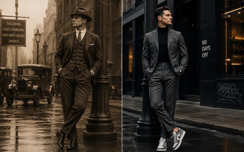 Side-by-side comparison of 1920s tailoring and modern fashion inspired by Harlem Renaissance style