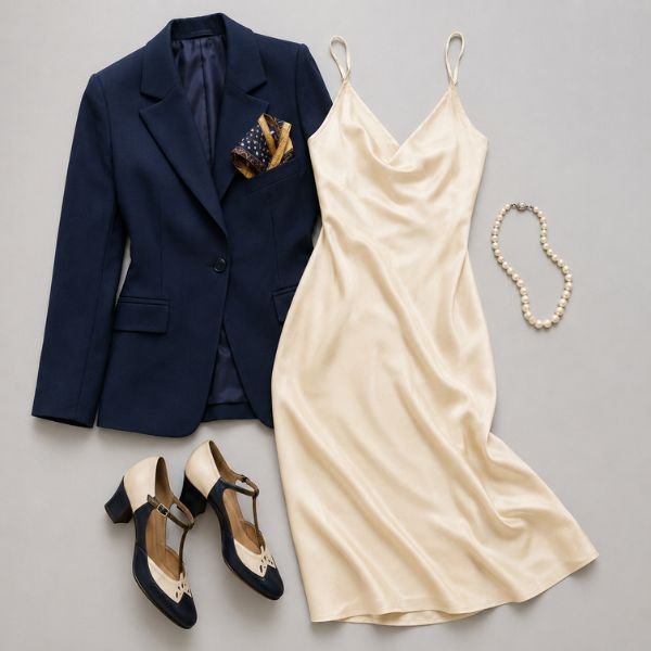 Modern outfit flat-lay inspired by Harlem Renaissance fashion with blazer, silk dress, and pearls