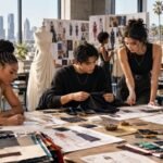 Students working in a fashion design studio at a US fashion school