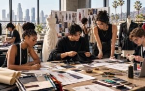 Students working in a fashion design studio at a US fashion school