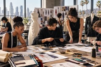 Students working in a fashion design studio at a US fashion school