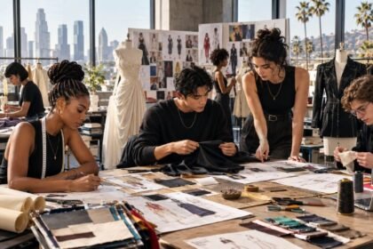 Students working in a fashion design studio at a US fashion school