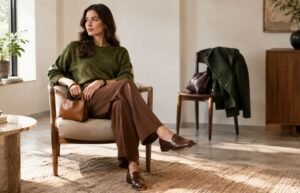 Stylish olive green and brown outfit with tailored trousers and leather accessories