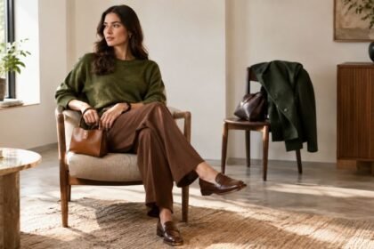 Stylish olive green and brown outfit with tailored trousers and leather accessories