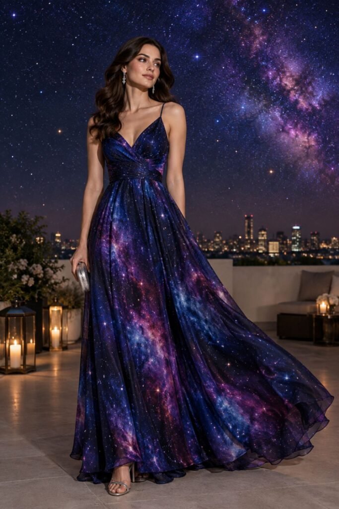 galaxy print maxi dress galactic glam outfit