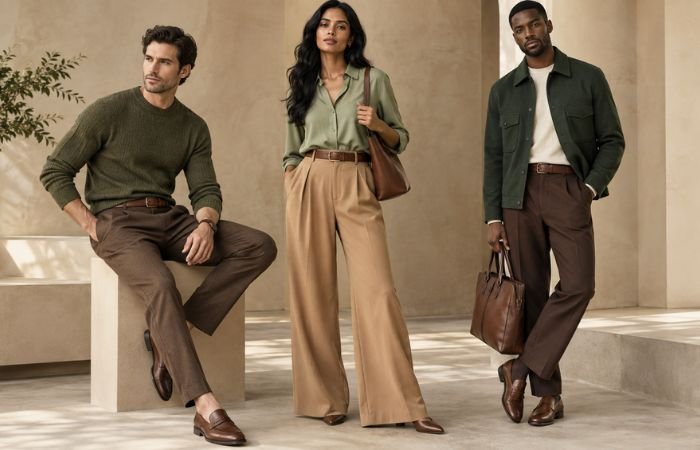 Three green and brown outfit ideas featuring olive sage and forest green clothing