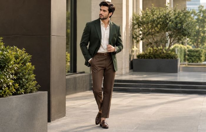 Man wearing a forest green jacket with brown trousers and leather shoes