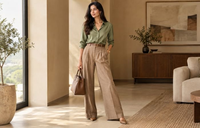Woman wearing a sage green blouse with brown and beige trousers and leather accessories