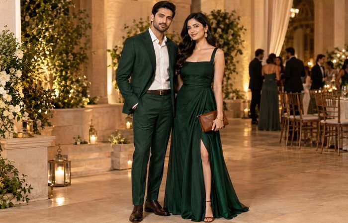 Elegant green and brown wedding outfits with forest green suit and brown accessories