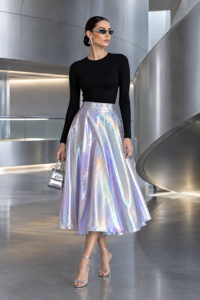 holographic skirt with black top galactic glam outfit